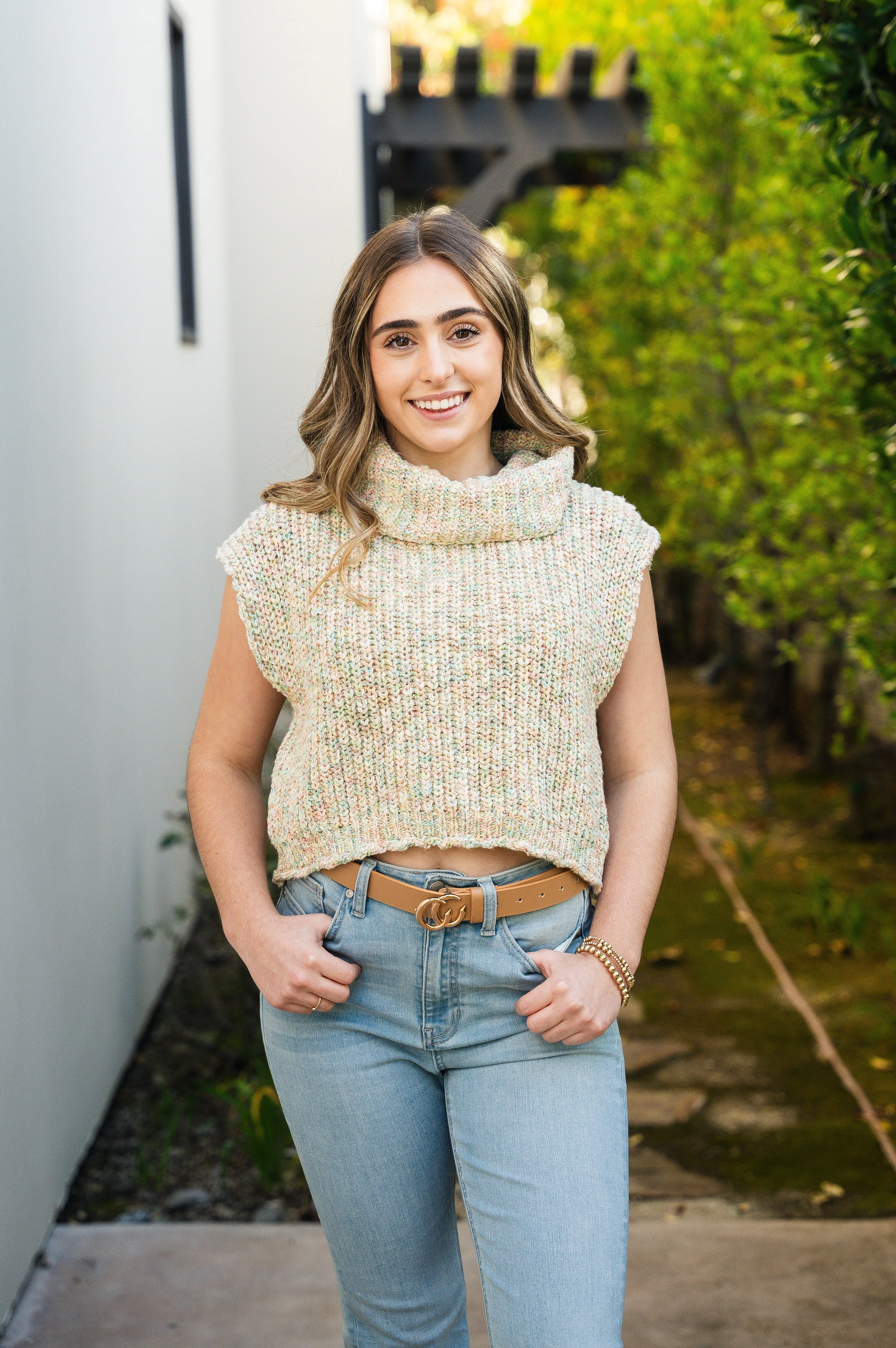 Cropped Just Enough Turtleneck Sweater Cream Pastel Multi