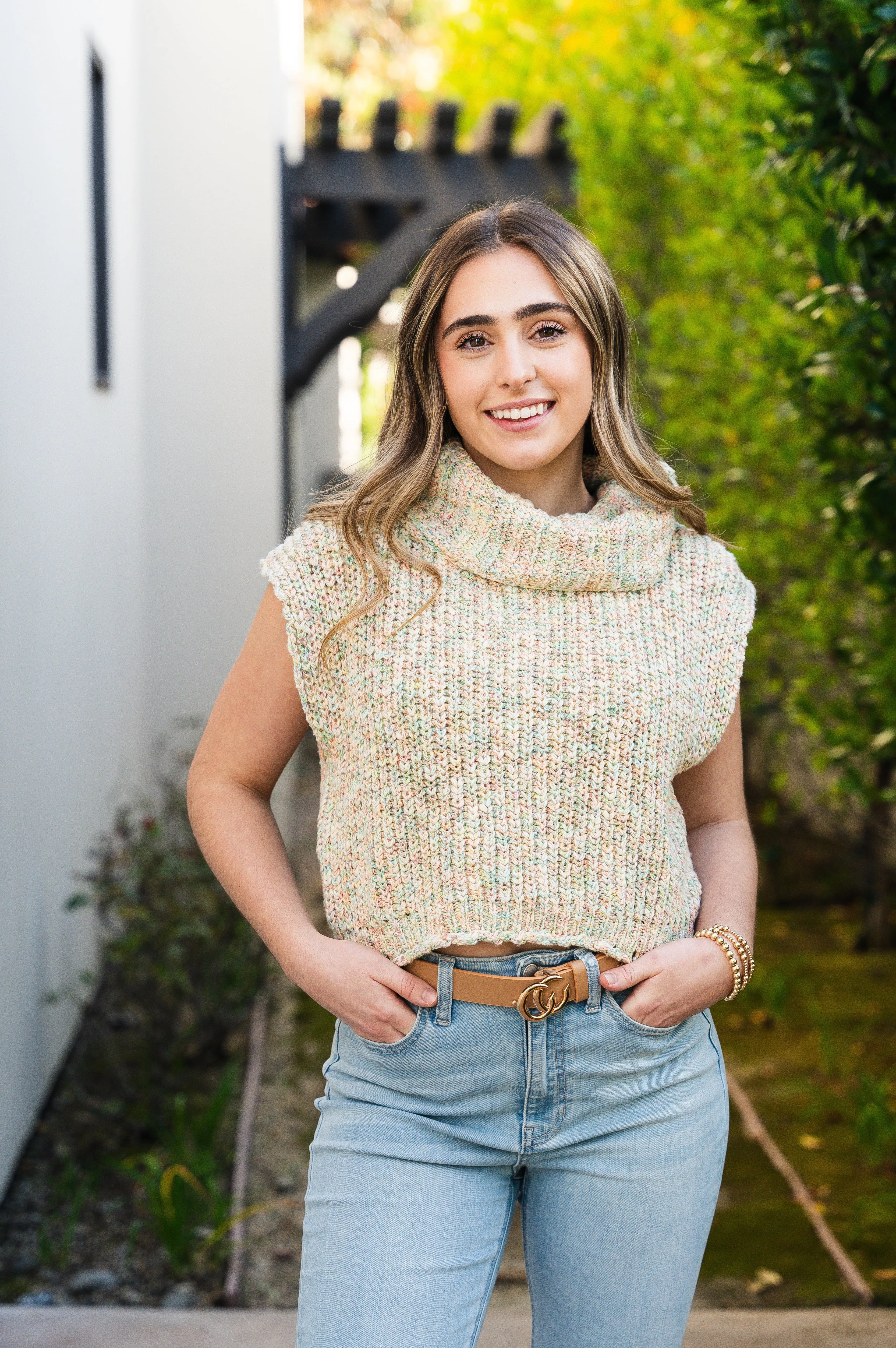 Cropped Just Enough Turtleneck Sweater Cream Pastel Multi