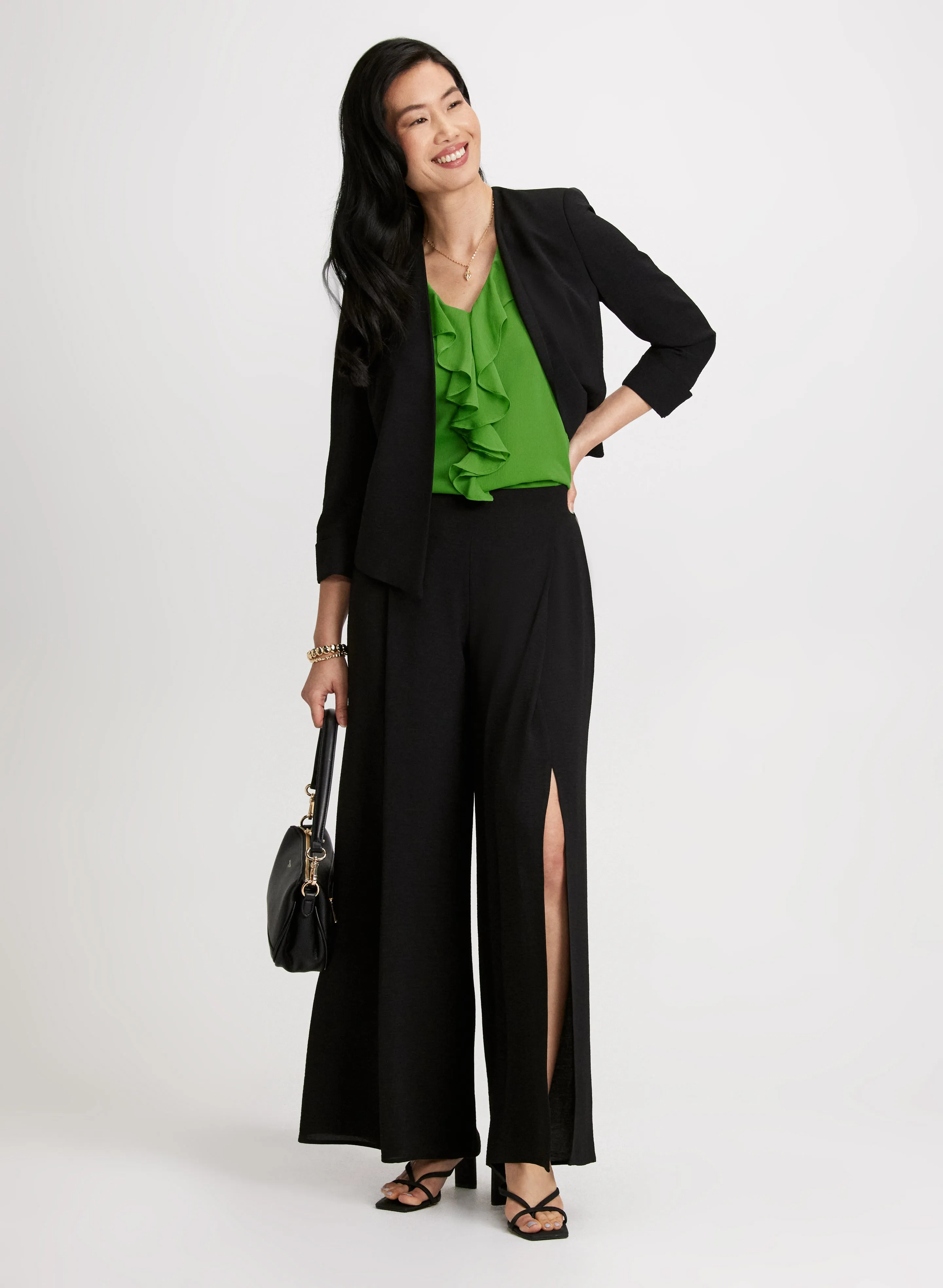 Cropped Open-Front Jacket & Slit Wide Leg Pants