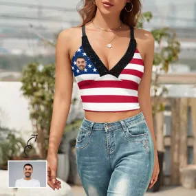 Custom Face Flag Tops Women's Personalized V-Neck Crop Camisole Top for Independence Day