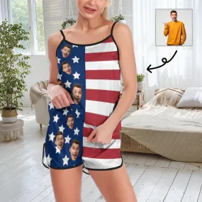 Custom Face Pajamas Stars Strips Flag Sexy Nightwear Personalized Women's Sexy Cami Pajama Set