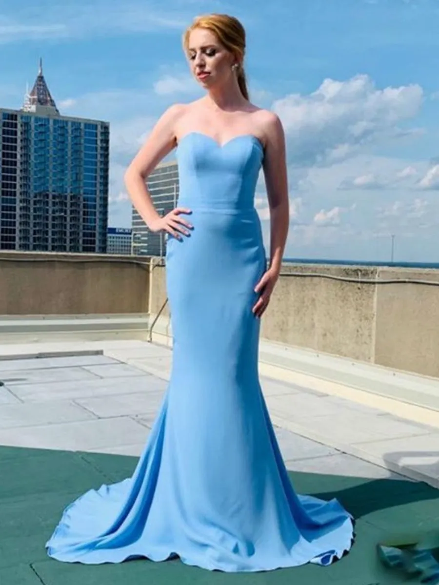 Custom Made A Line Strapless Mermaid Light Blue Long Prom, Mermaid Light Blue Formal, Light Blue Evening