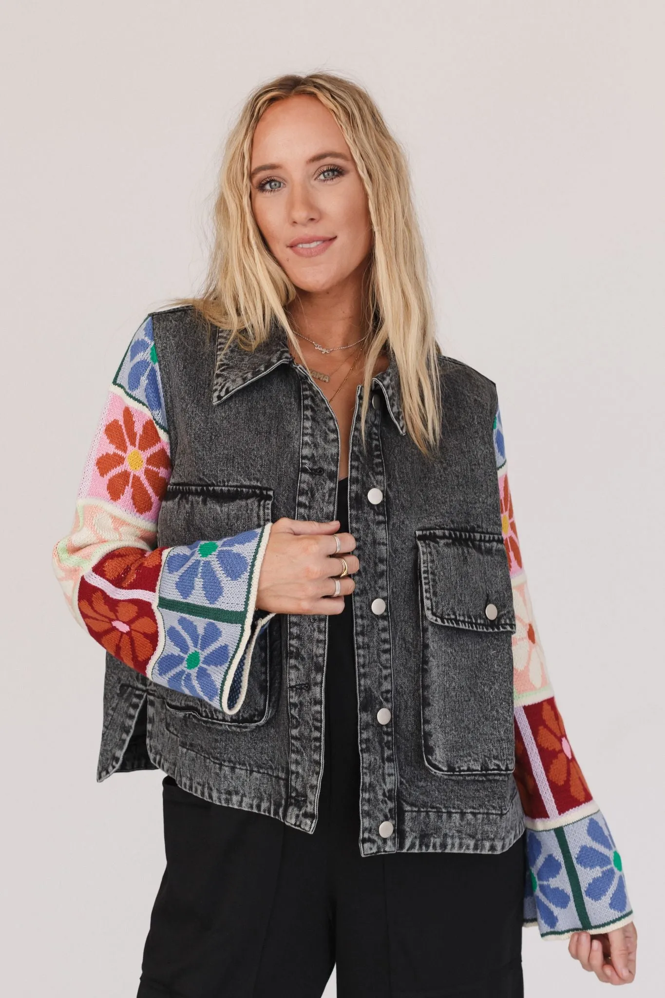 Dahlia Sweater Denim Jacket - Black Denim