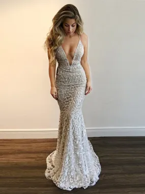 Deep V Neck Spaghetti Straps Mermaid Backless Lace Silver Prom with Sequins, Silver Formal with Train, Evening