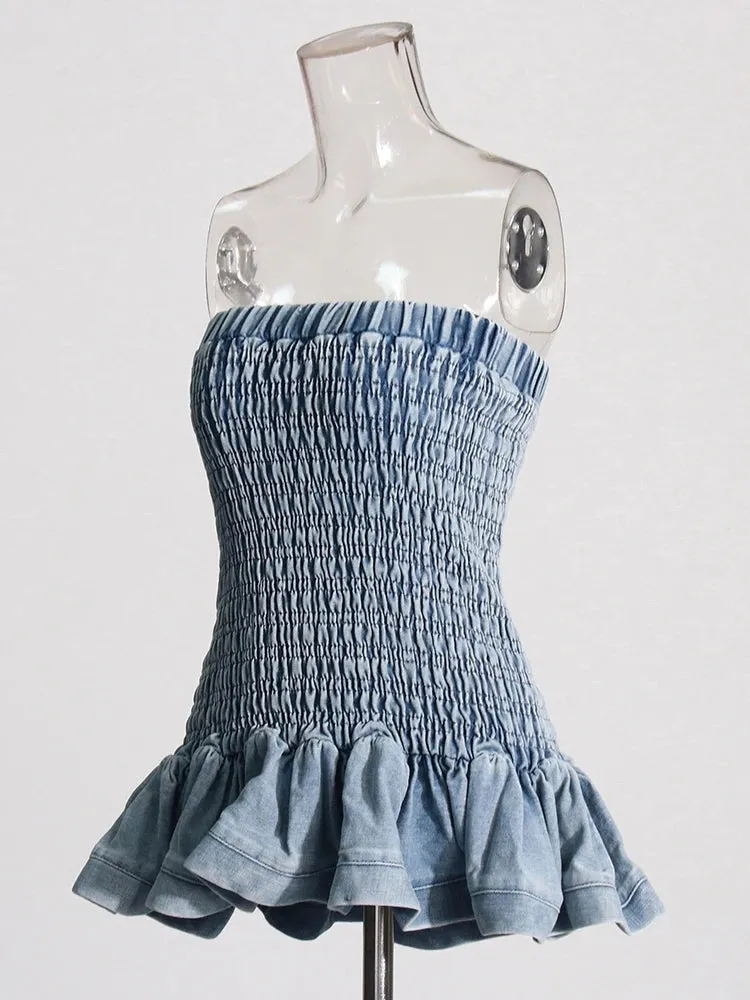 Denim Tube Top with Ruffle Hem