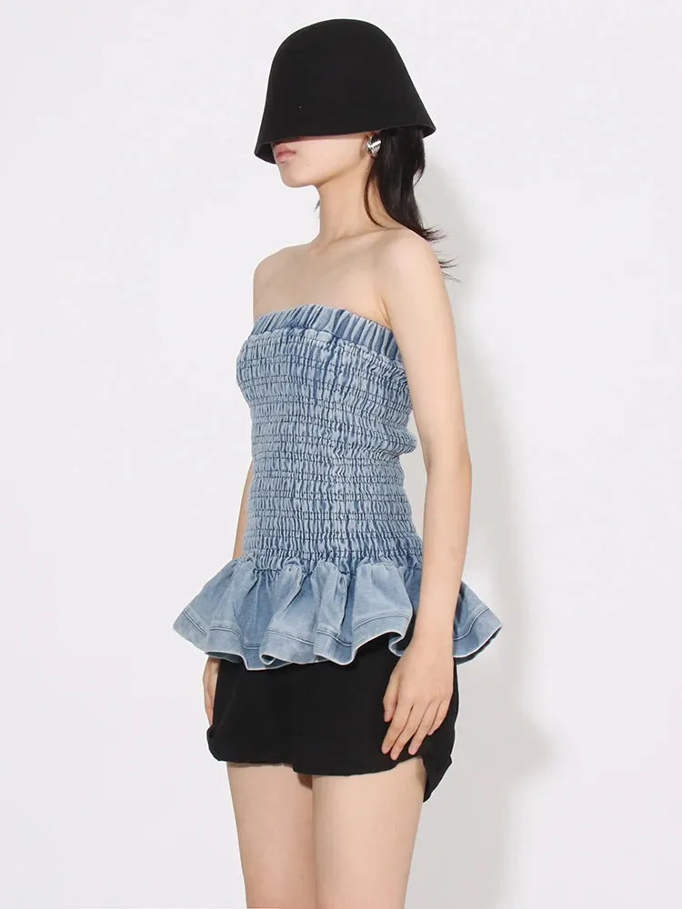 Denim Tube Top with Ruffle Hem