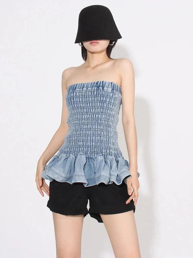 Denim Tube Top with Ruffle Hem