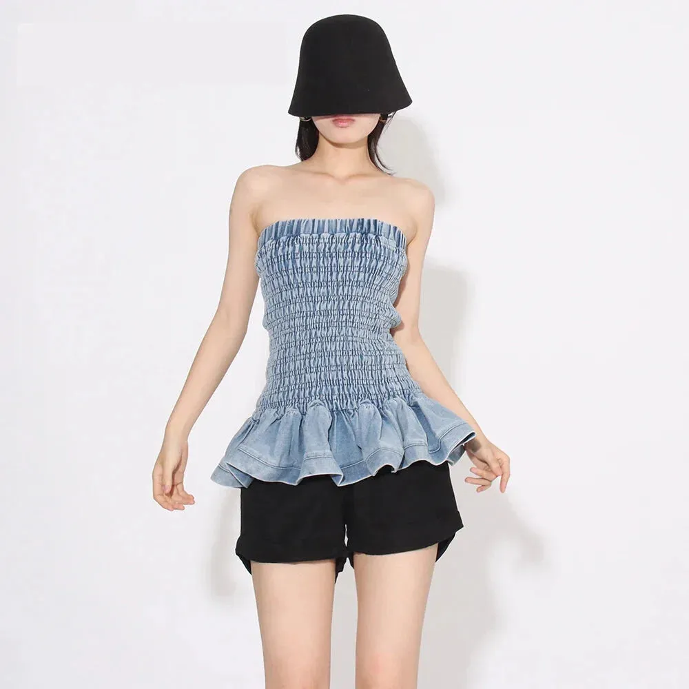 Denim Tube Top with Ruffle Hem