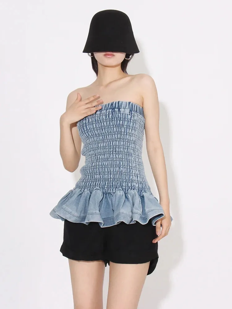 Denim Tube Top with Ruffle Hem