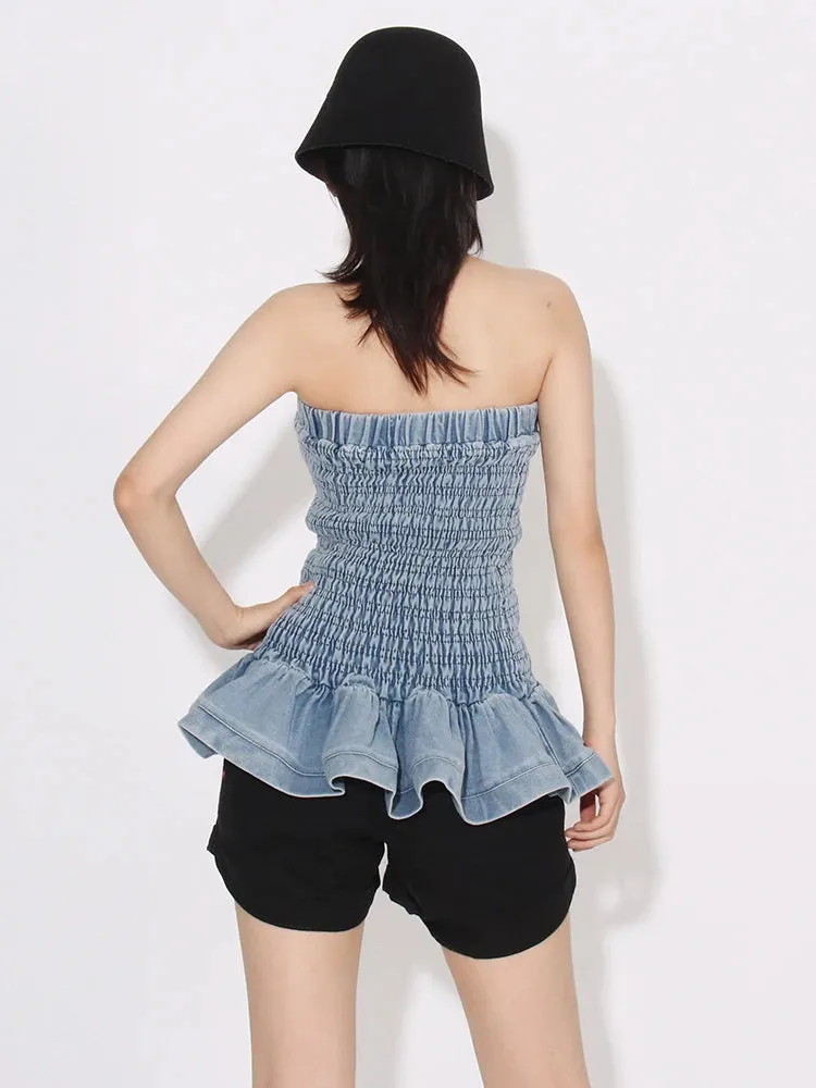 Denim Tube Top with Ruffle Hem