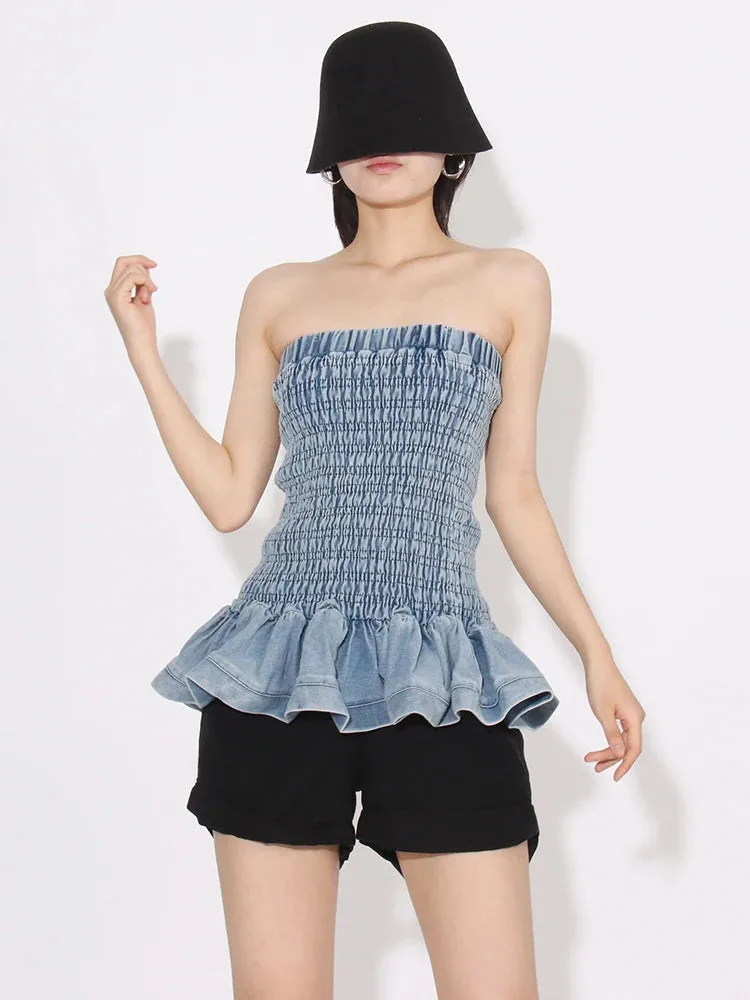 Denim Tube Top with Ruffle Hem