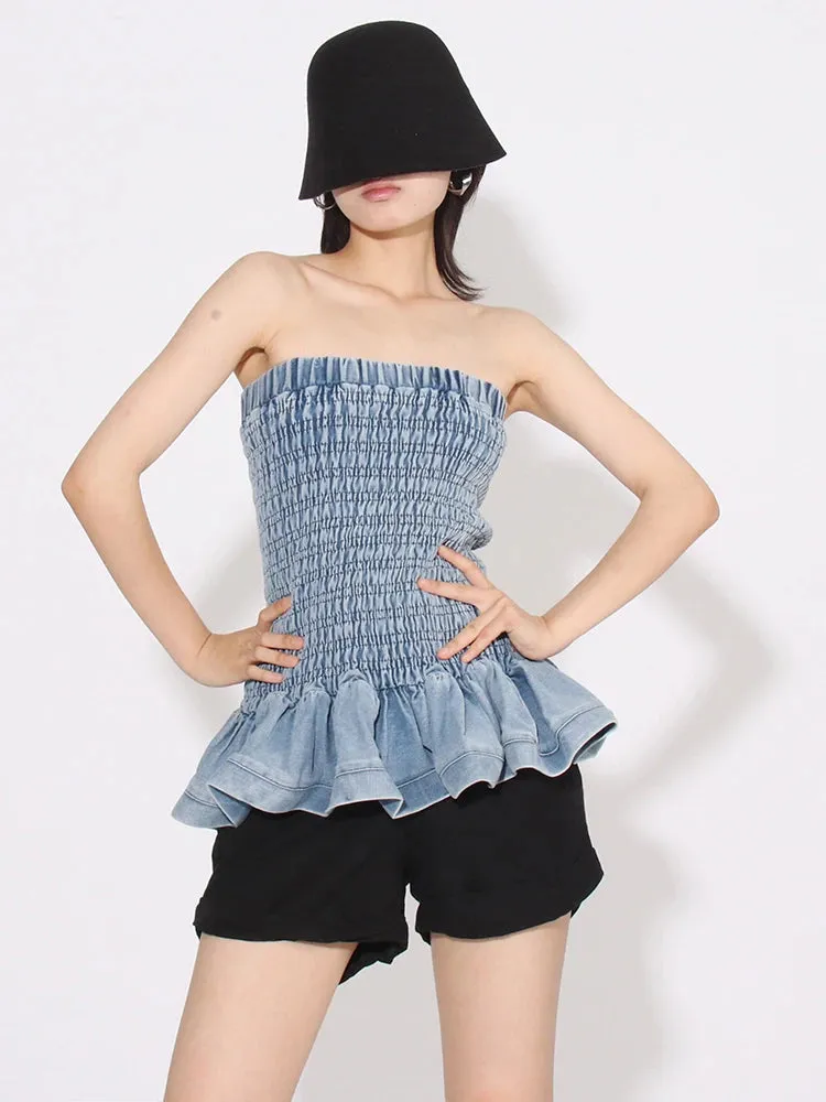 Denim Tube Top with Ruffle Hem