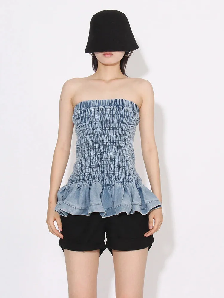 Denim Tube Top with Ruffle Hem