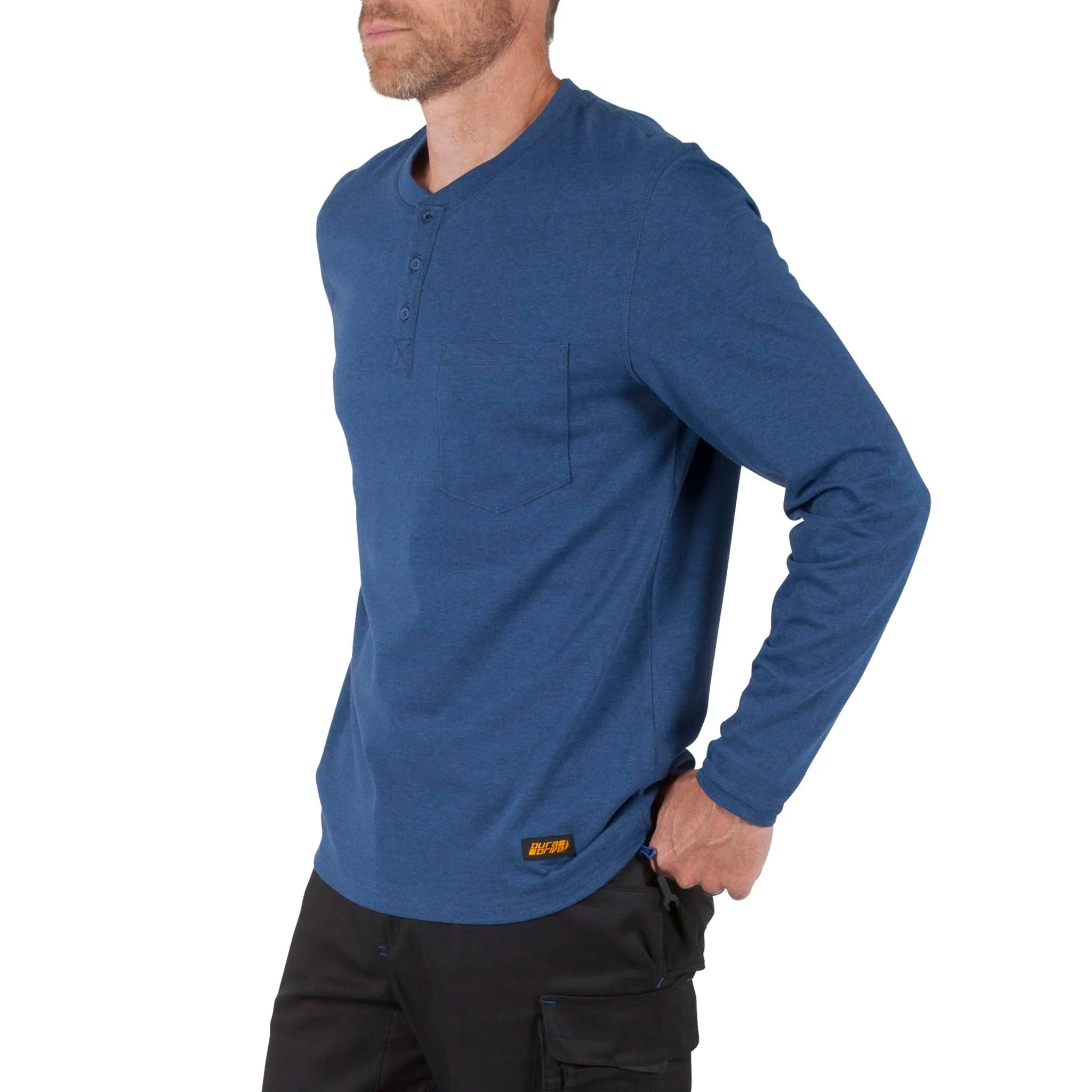 DURADRIVE LINK L/S HENLEY SHIRT WITH CHEST POCKET - BLUE OR HEATHER GREY