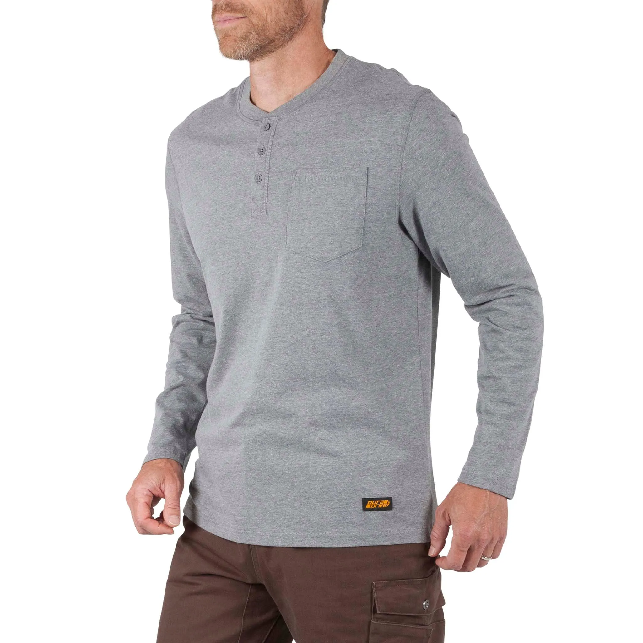 DURADRIVE LINK L/S HENLEY SHIRT WITH CHEST POCKET - BLUE OR HEATHER GREY