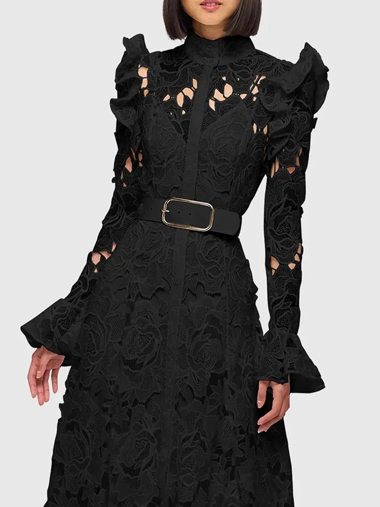 Elegant Hollow Out Lace Dresses For Women Stand Collar Flare Sleeve High Waist Patchwork Belt  A Line Folds Dress Female