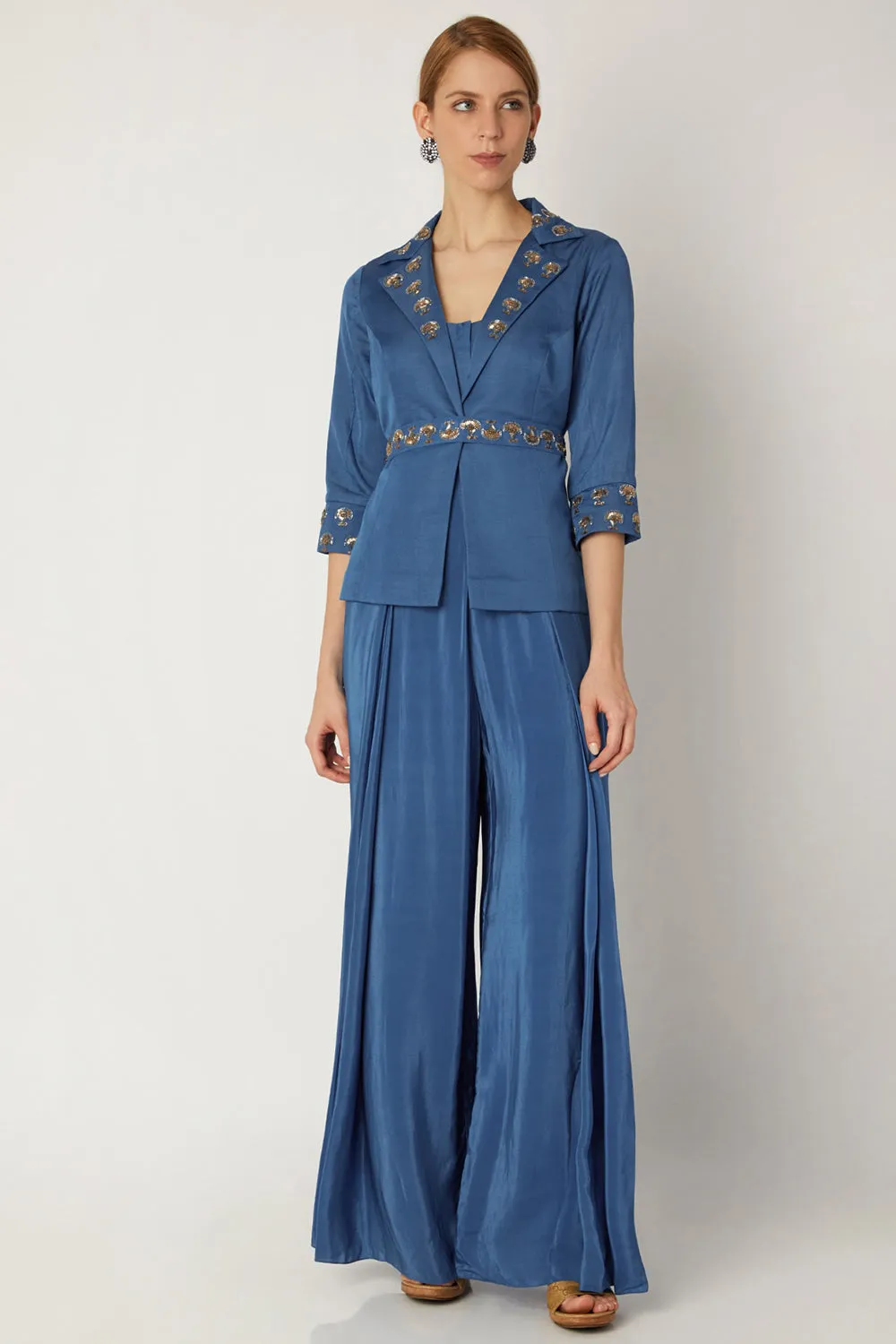 Embroidered Indigo Blue Jumpsuit With Attached Jacket & Belt