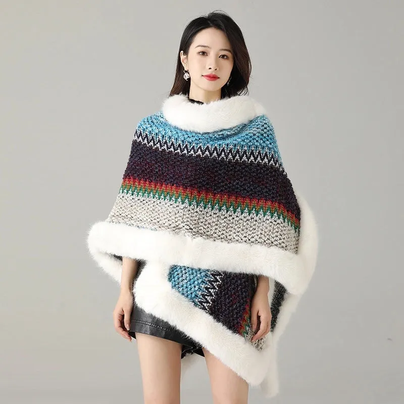 Ethnic Style Loose Plus Size Contrast Color Knitted Cape Shawl Women's Fur Coat Imitation Fox Fur Collar Cape Scarf