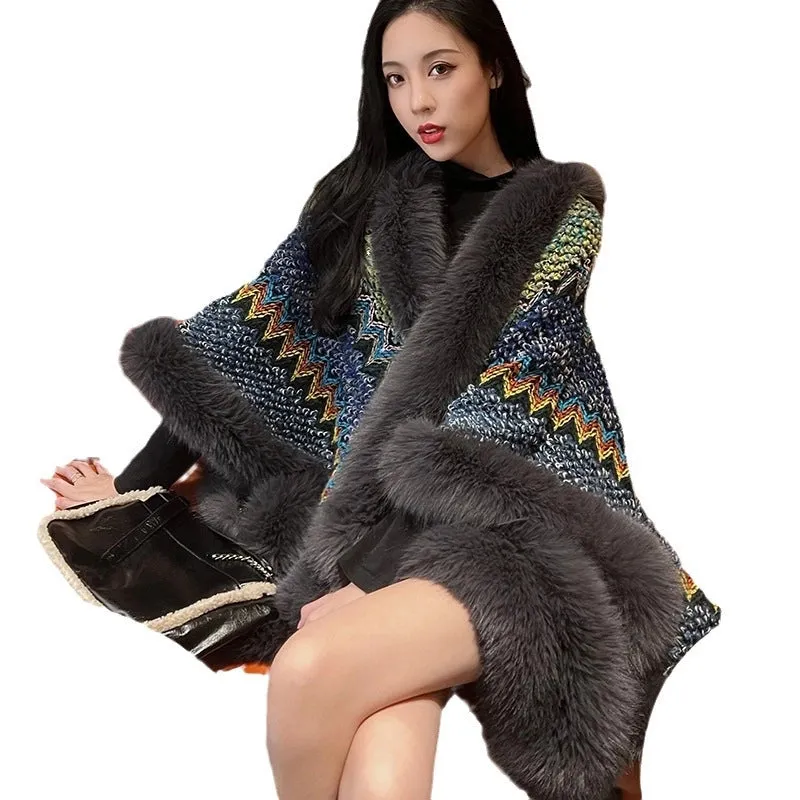 Ethnic Style Loose Plus Size Contrast Color Knitted Cape Shawl Women's Fur Coat Imitation Fox Fur Collar Cape Scarf