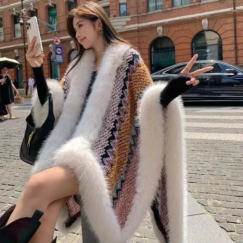 Ethnic Style Loose Plus Size Contrast Color Knitted Cape Shawl Women's Fur Coat Imitation Fox Fur Collar Cape Scarf