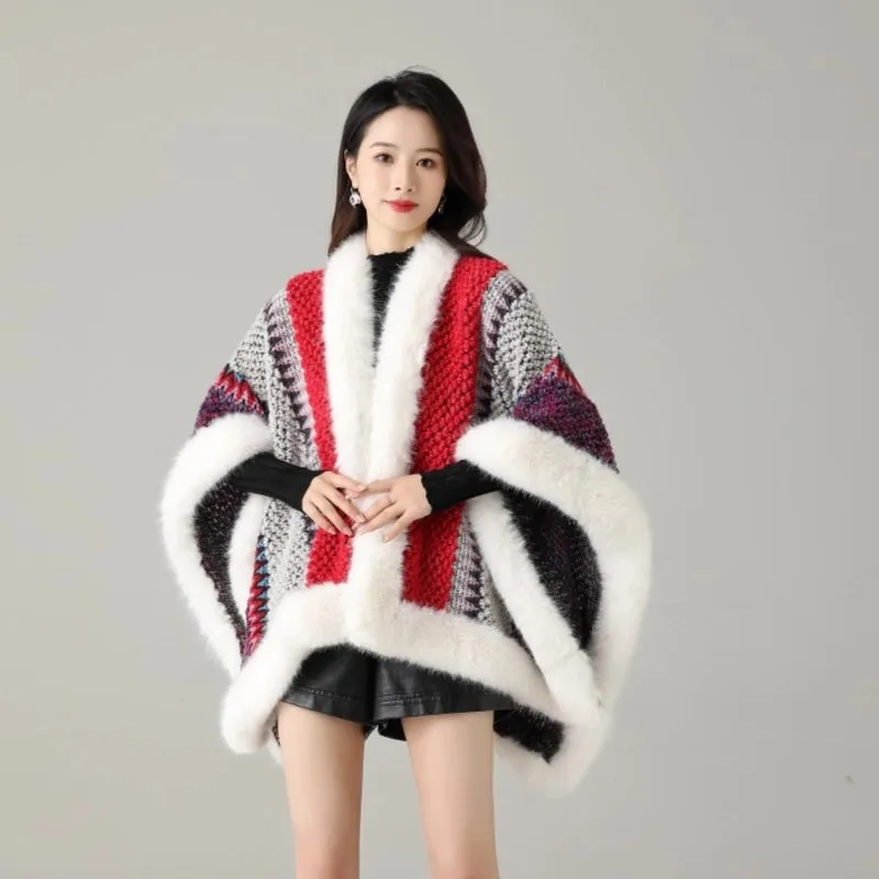 Ethnic Style Loose Plus Size Contrast Color Knitted Cape Shawl Women's Fur Coat Imitation Fox Fur Collar Cape Scarf