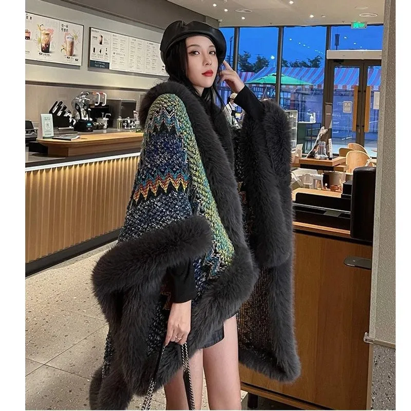 Ethnic Style Loose Plus Size Contrast Color Knitted Cape Shawl Women's Fur Coat Imitation Fox Fur Collar Cape Scarf