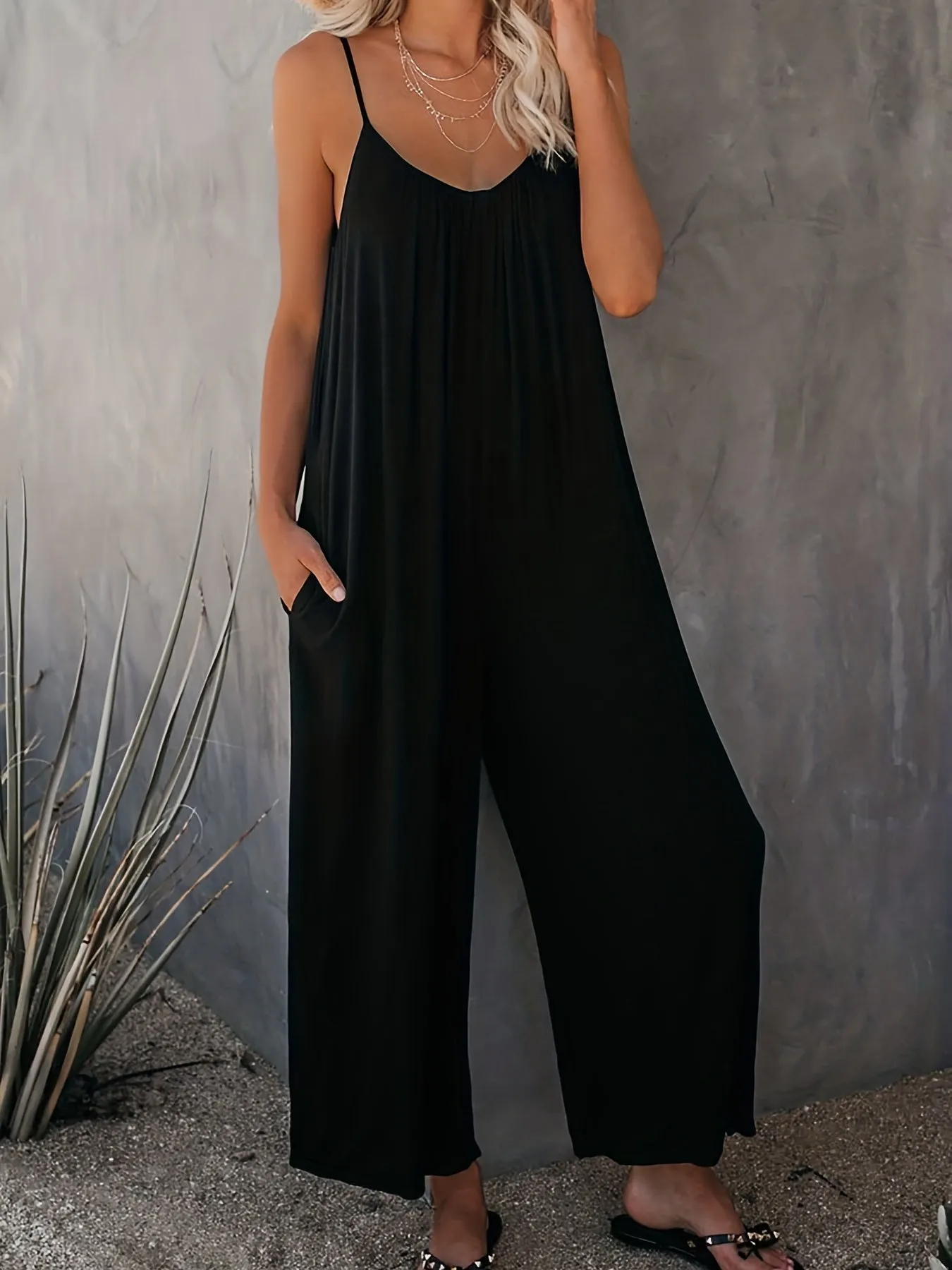 Everyday Elegance Women's Plus Basic Solid V Neck Jumpsuit