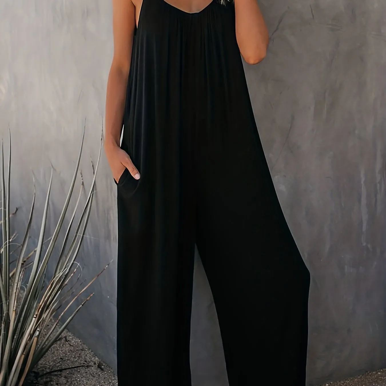 Everyday Elegance Women's Plus Basic Solid V Neck Jumpsuit