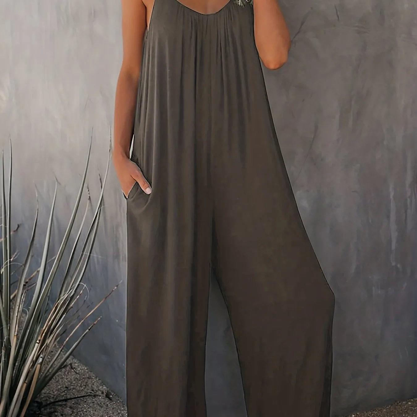 Everyday Elegance Women's Plus Basic Solid V Neck Jumpsuit