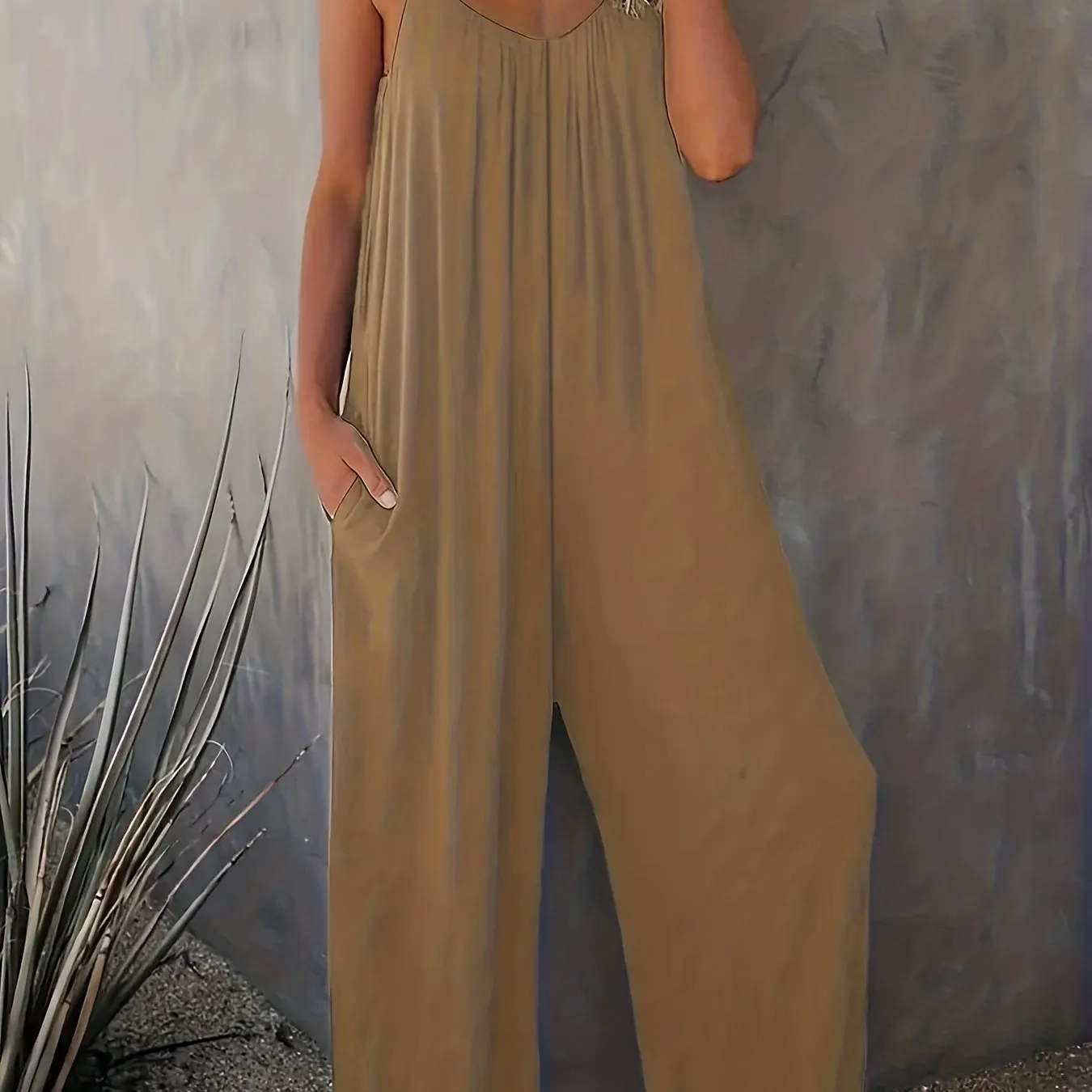 Everyday Elegance Women's Plus Basic Solid V Neck Jumpsuit