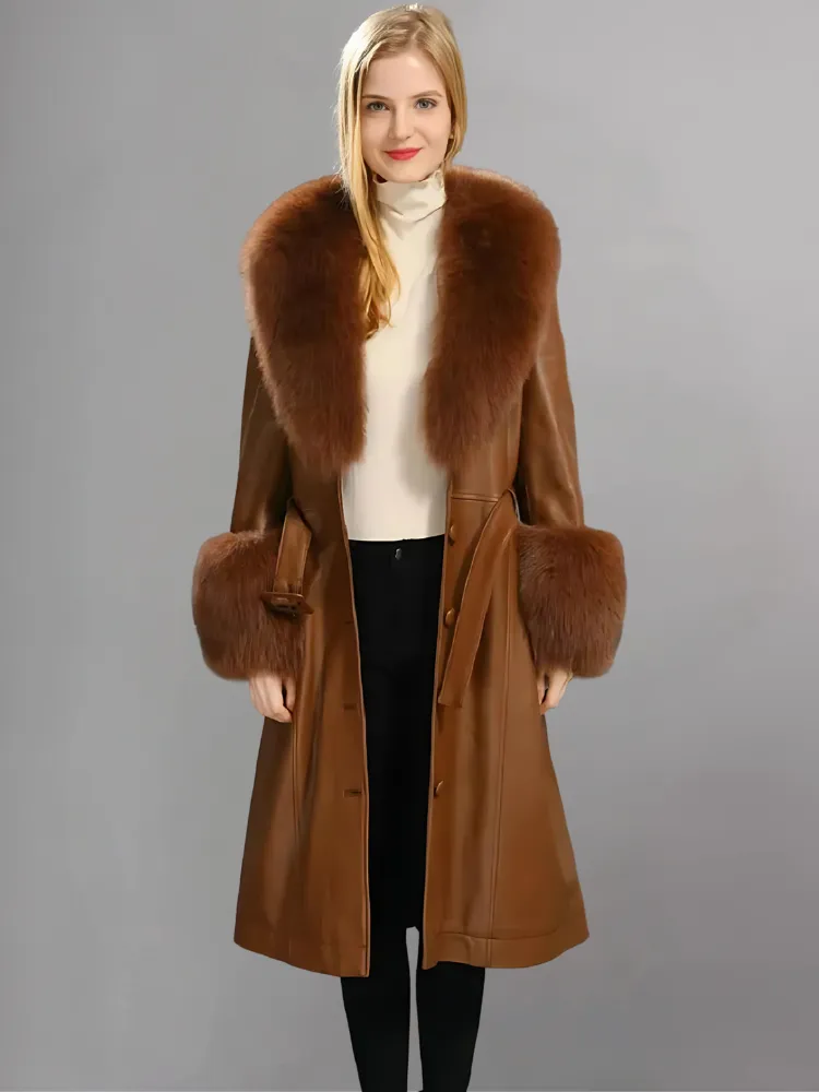 FAUX FUR GENUINE LEATHER COAT IN RED