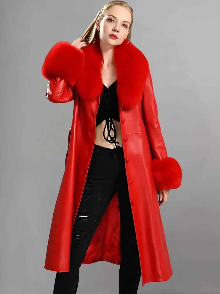 FAUX FUR GENUINE LEATHER COAT IN RED