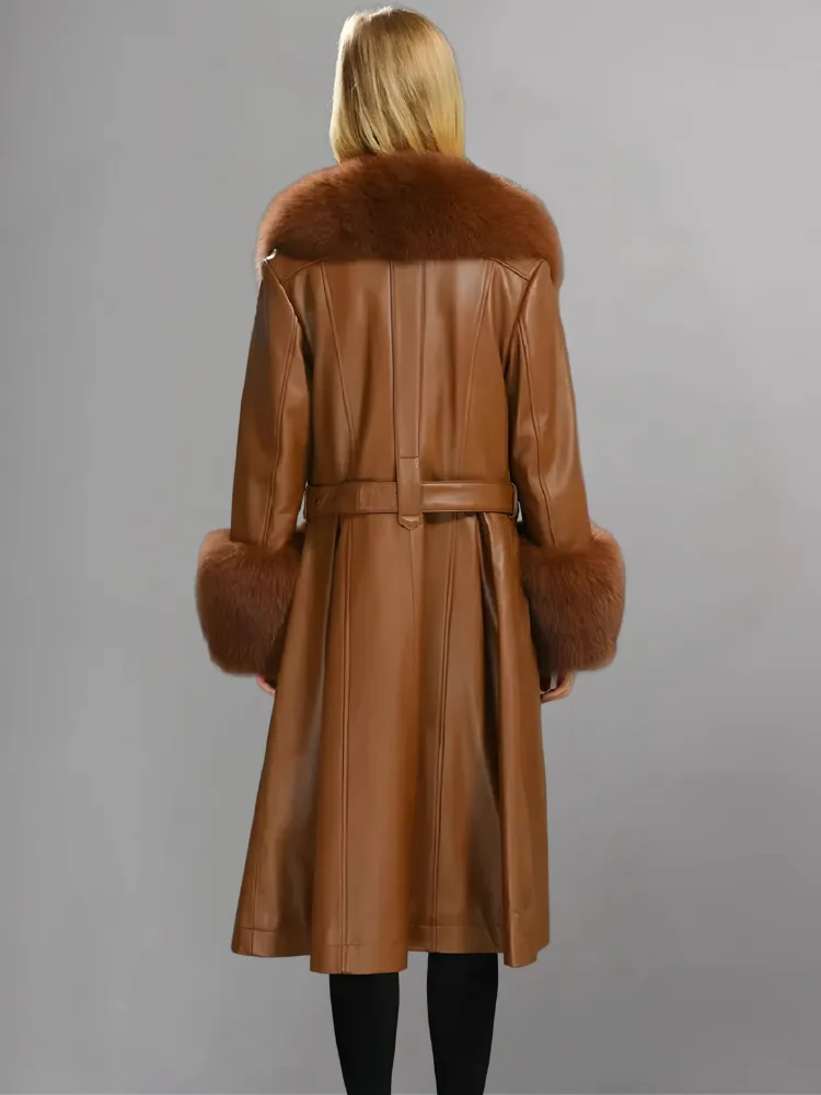 FAUX FUR GENUINE LEATHER COAT IN RED