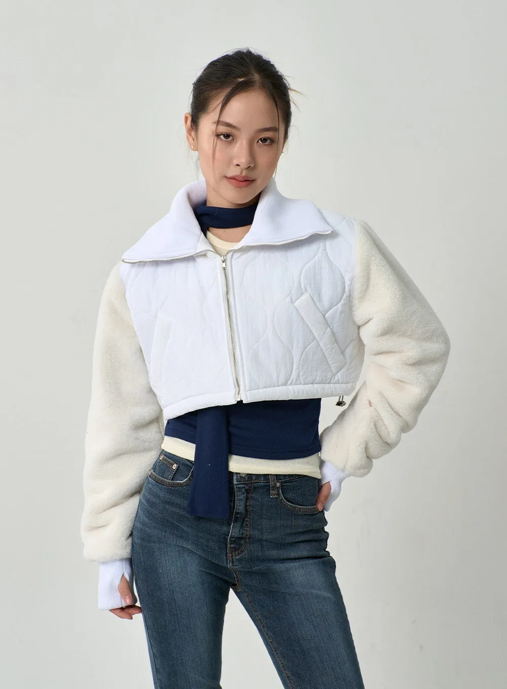 Faux Fur Sleeve Puffer Cropped Zipper Jacket CD19