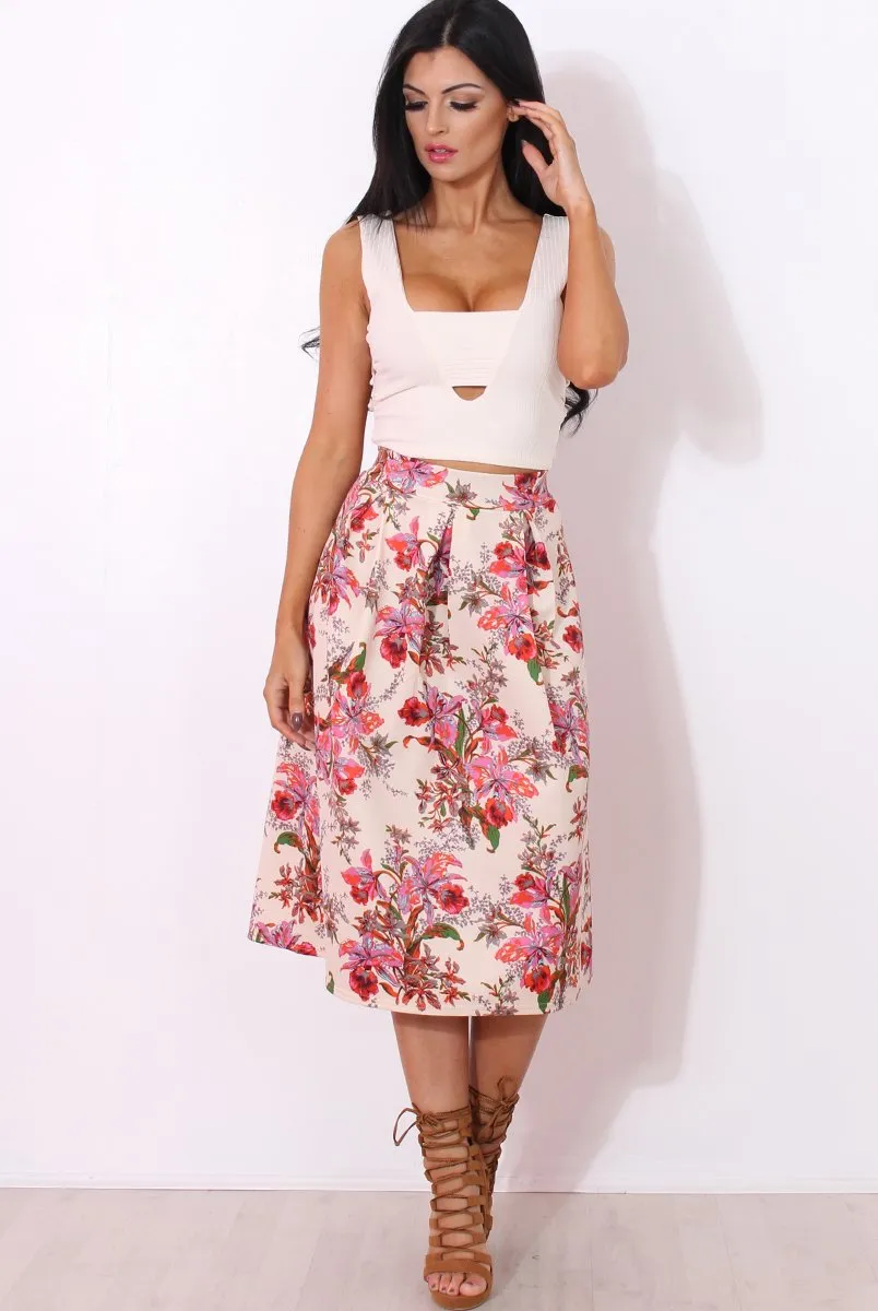 Fergi Nude Floral Print Midi Skirt