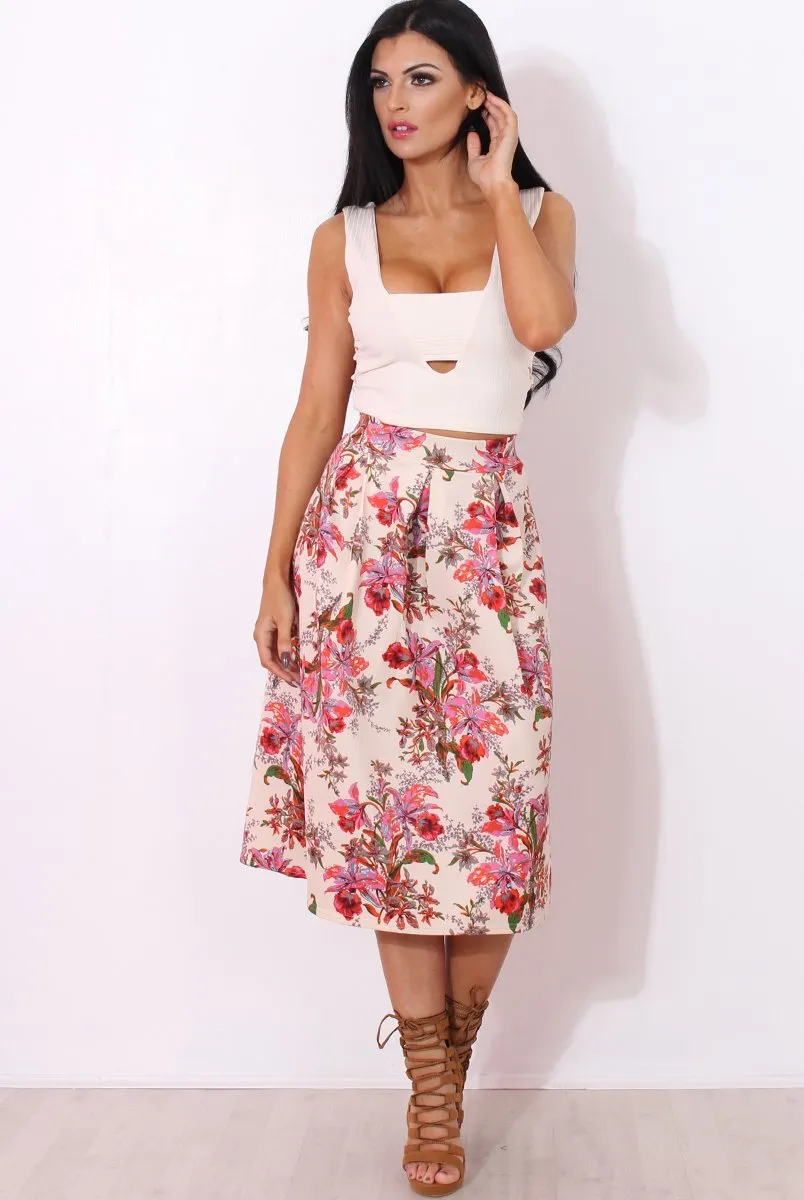 Fergi Nude Floral Print Midi Skirt