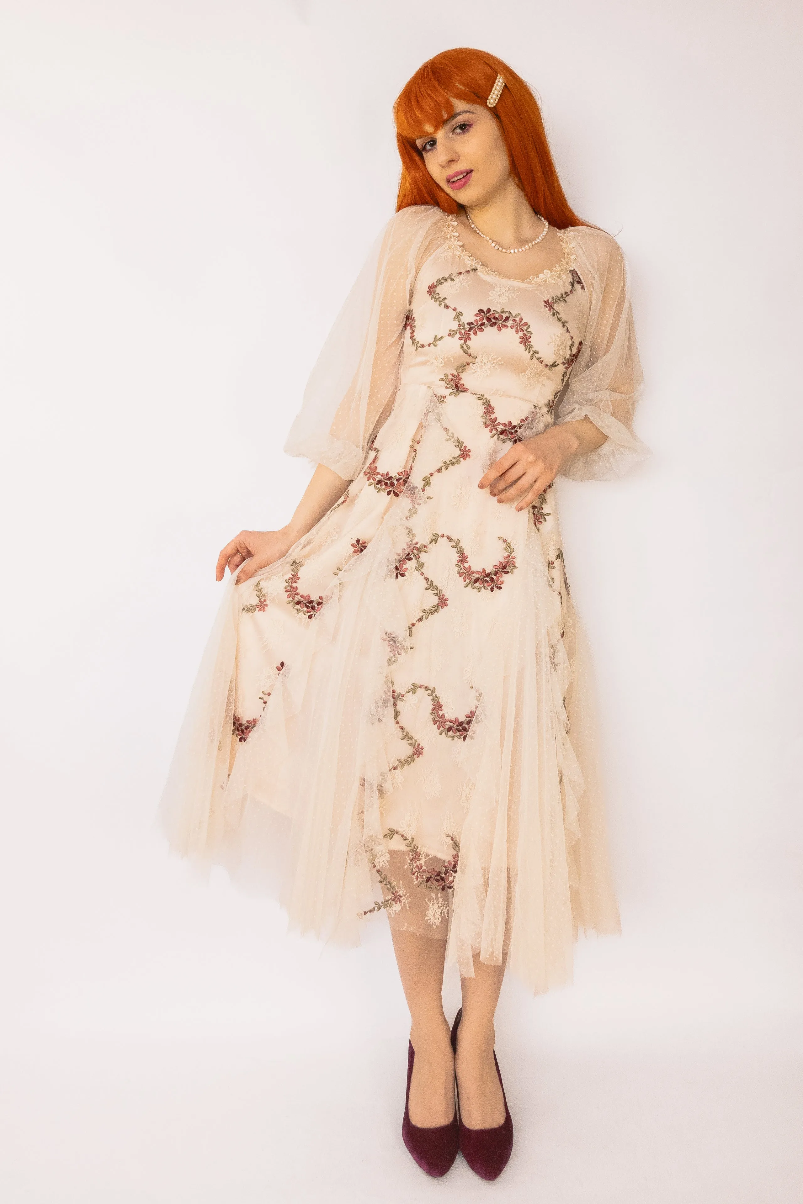 Floral Embroidered Maxi Dress with Mesh Ruffles Cream