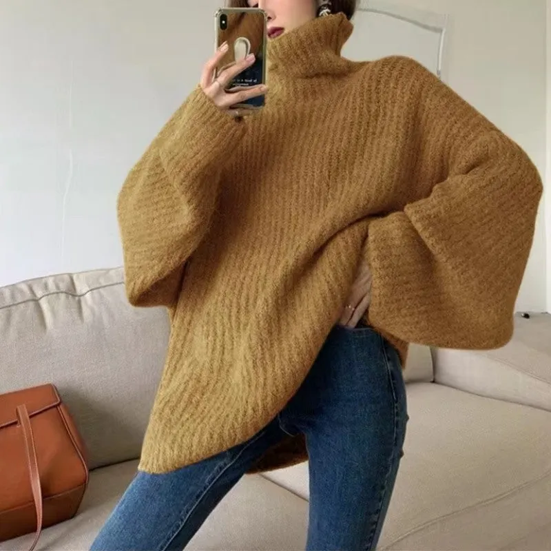 Flytonnshop christmas outfit men Retro Lazy Style Thickened Turtleneck Sweater for Women 2024 Autumn and Winter Loose Western Style Solid Color Sweater Top Trendy