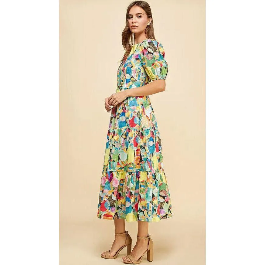 Frizzle Circle Pattern Tiered Maxi Dress