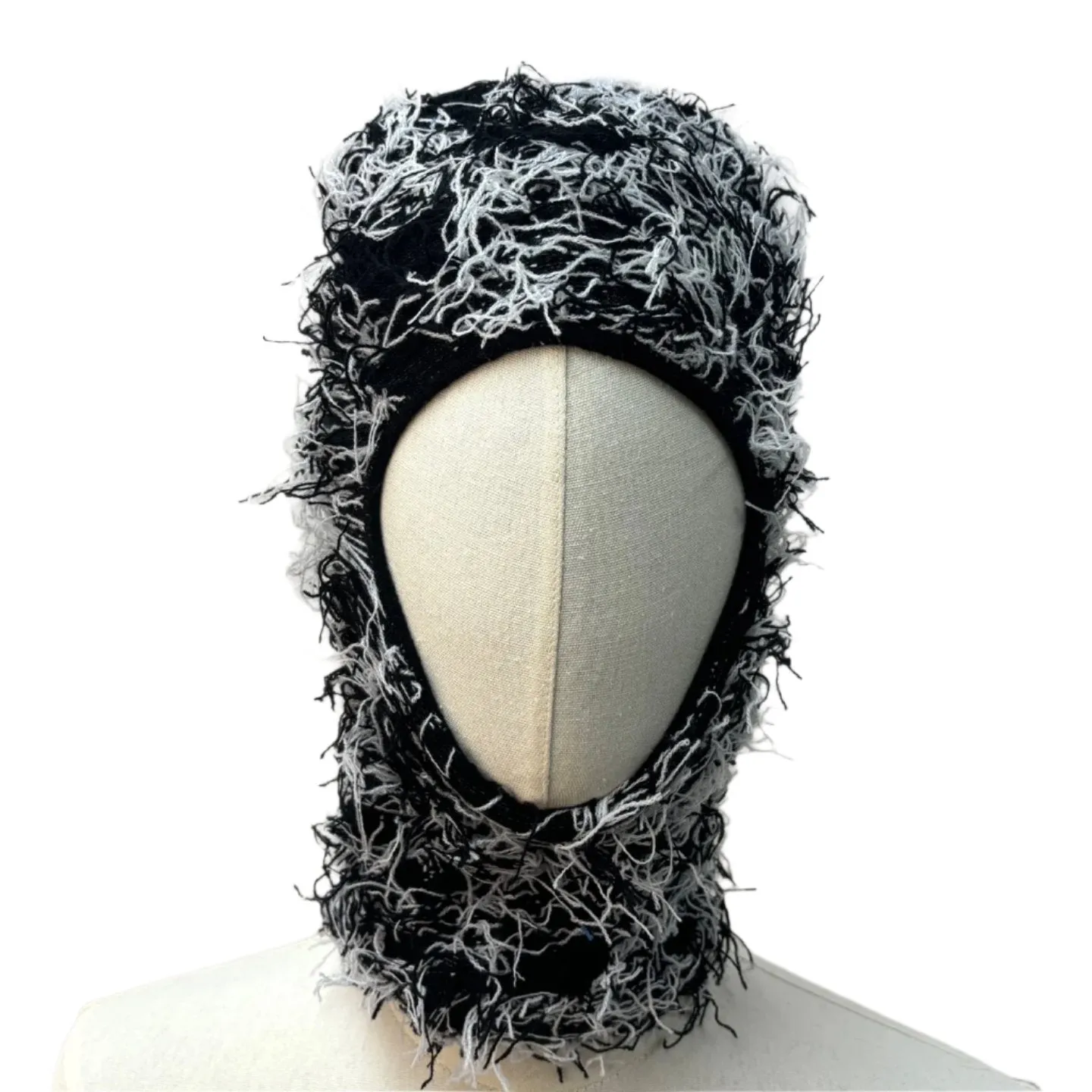 Fuzzy Shiesty Balaclava Distressed Knitted Full Face Ski Mask - Black/White