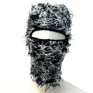 Fuzzy Shiesty Balaclava Distressed Knitted Full Face Ski Mask - Black/White