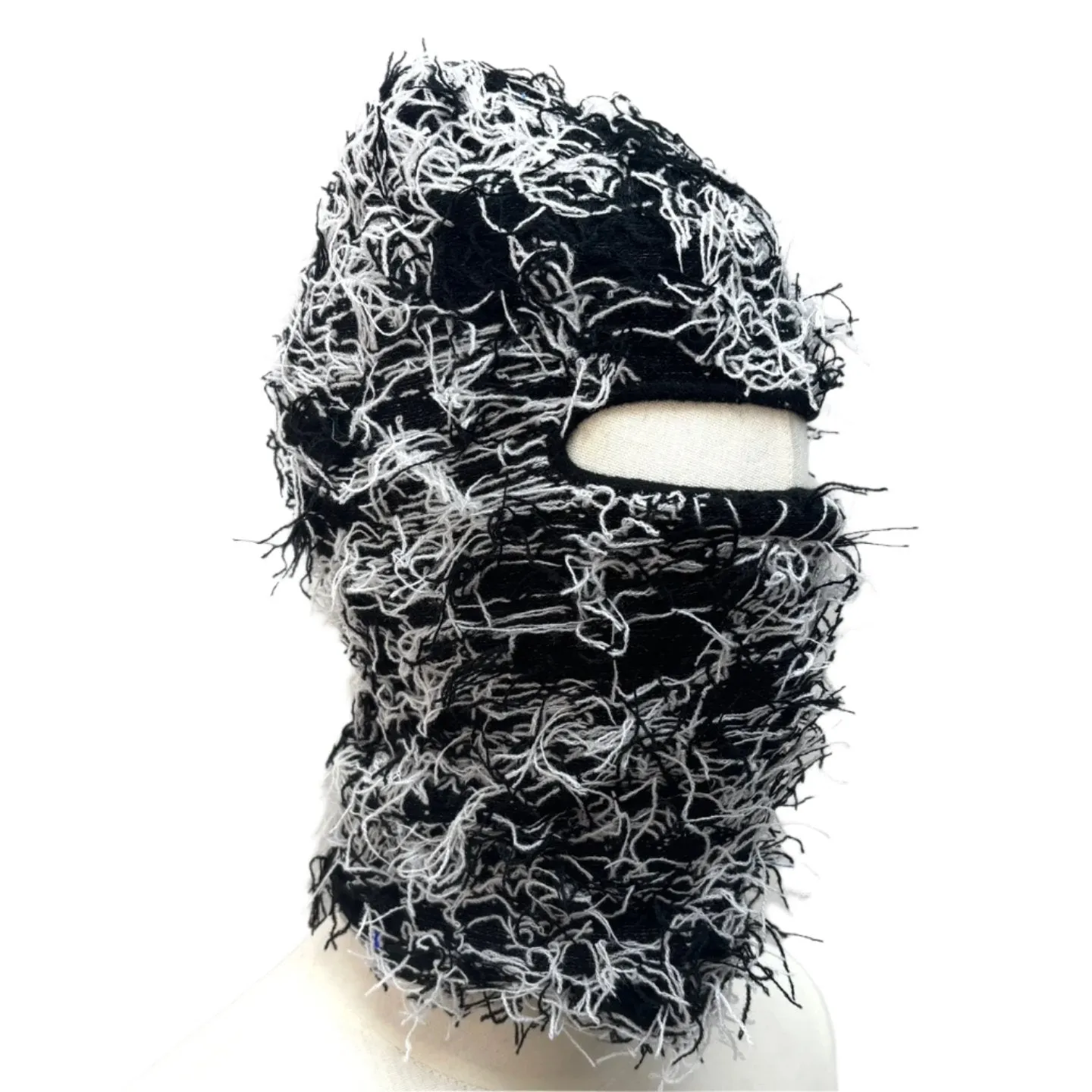 Fuzzy Shiesty Balaclava Distressed Knitted Full Face Ski Mask - Black/White