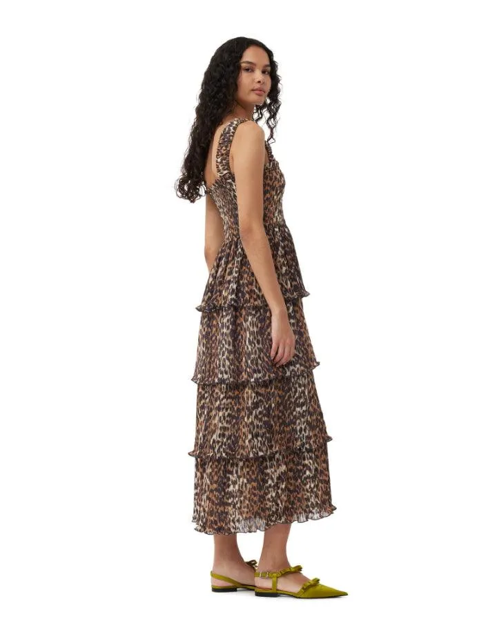 Ganni Leopard Pleated Georgette Flounce Smock Midi Dress