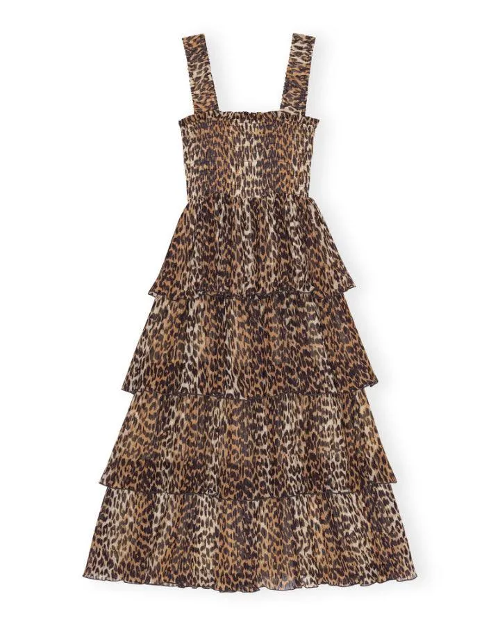 Ganni Leopard Pleated Georgette Flounce Smock Midi Dress