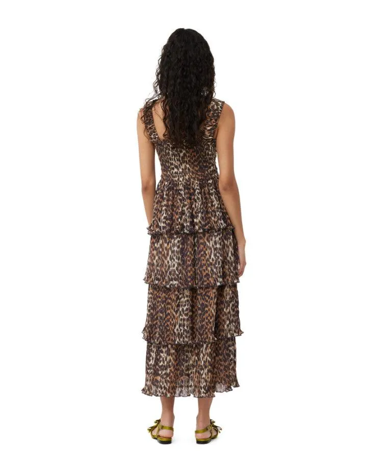 Ganni Leopard Pleated Georgette Flounce Smock Midi Dress