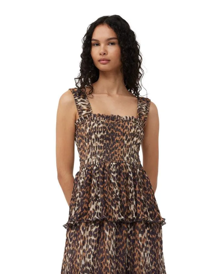 Ganni Leopard Pleated Georgette Flounce Smock Midi Dress