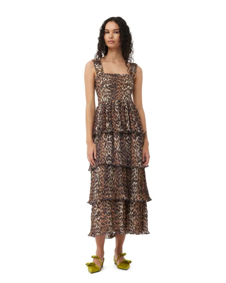 Ganni Leopard Pleated Georgette Flounce Smock Midi Dress