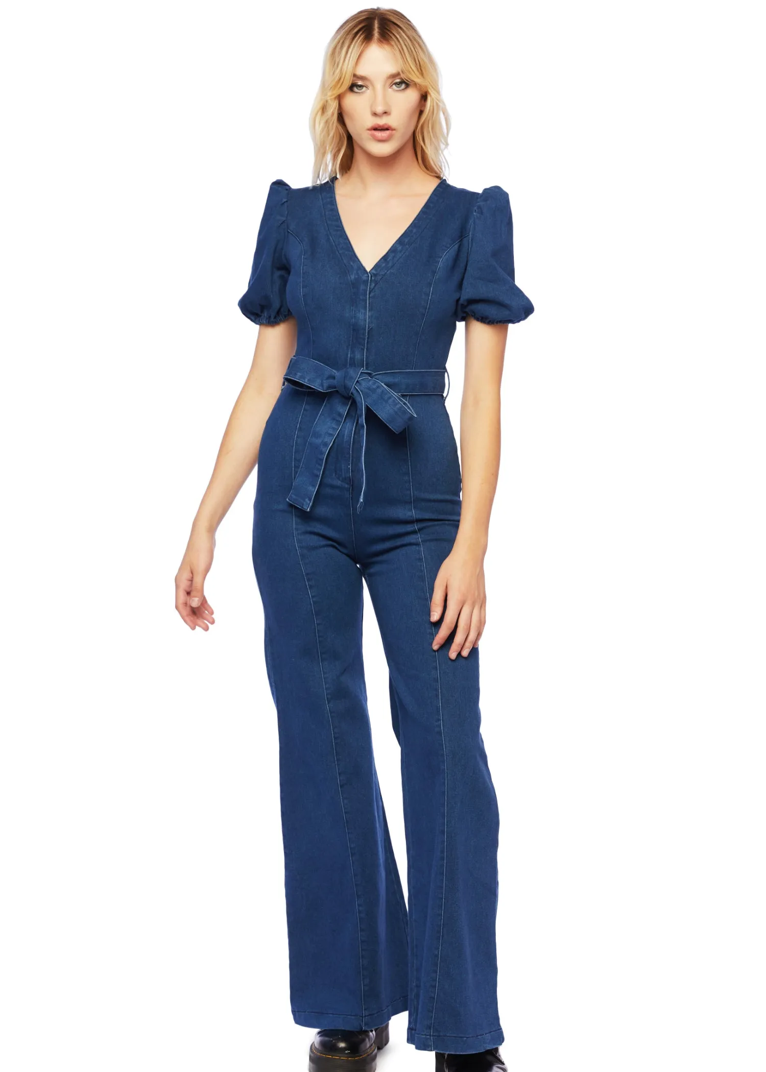 Get in the Groove Flared Bell Bottom Jeans Jumpsuit with Puff Sleeves