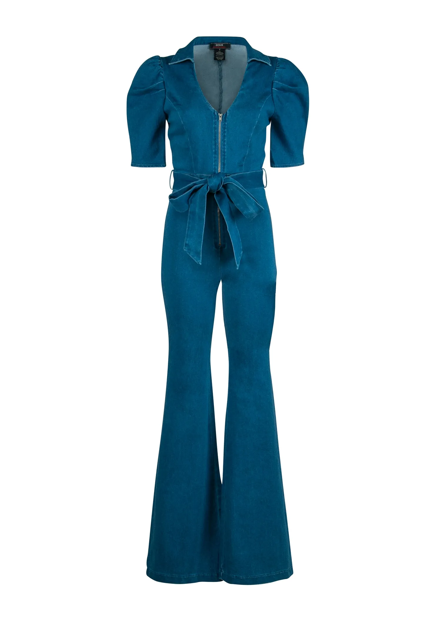 Get in the Groove Flared Bell Bottom Jeans Jumpsuit with Puff Sleeves