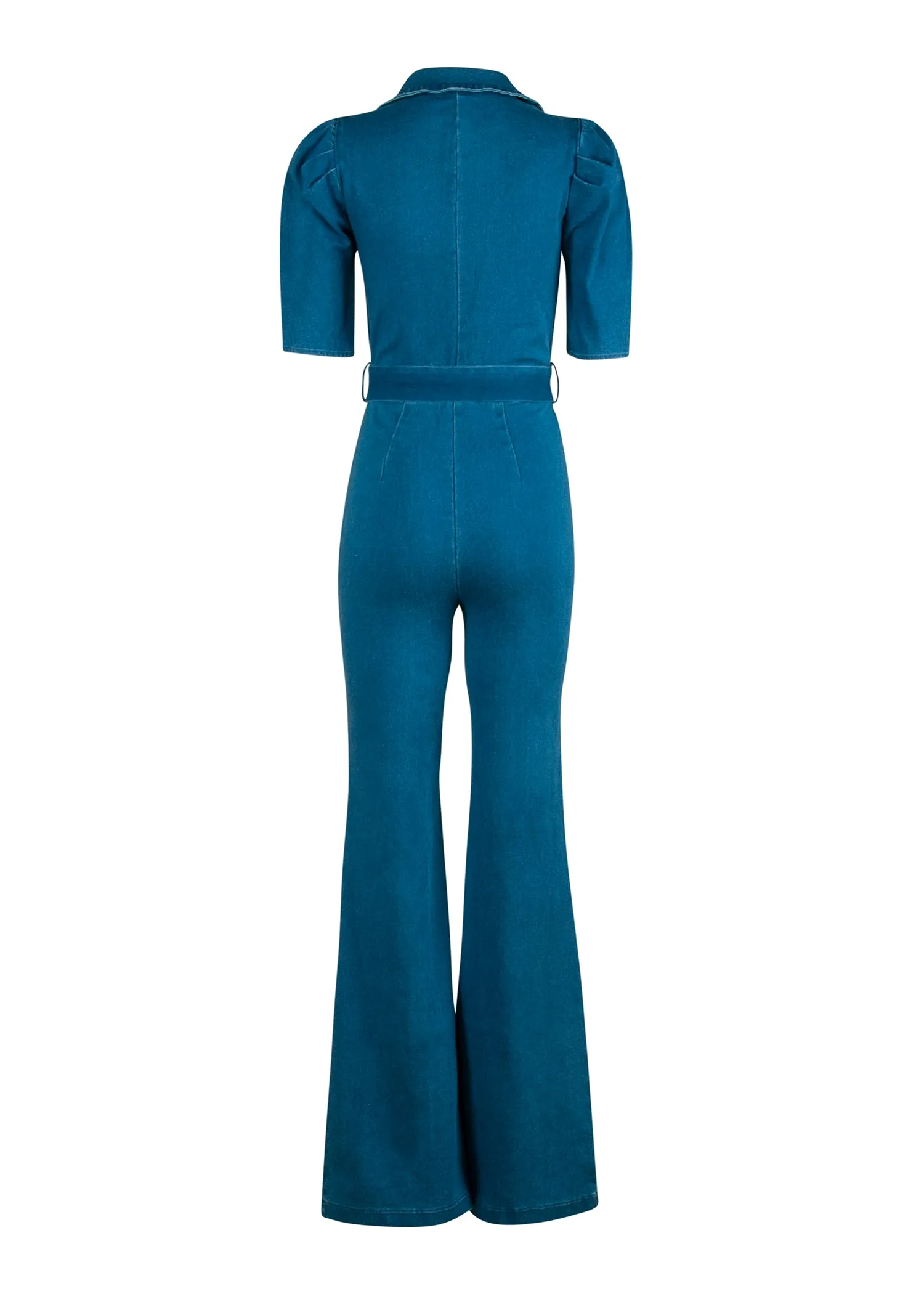 Get in the Groove Flared Bell Bottom Jeans Jumpsuit with Puff Sleeves